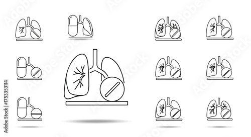 A collection of 12 line icons depicting lungs and respiratory health on a white background with a minimalist style and neutral color palette.