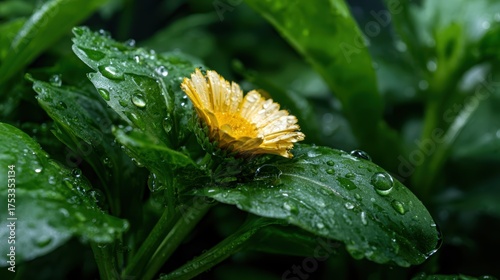 A stunning close-up of a yellow flower surrounded by vibrant green leaves, adorned with droplets of water, capturing the essence of freshness and natural beauty.