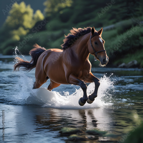 A spirited horse leaps gracefully across a crystal-clear mountain stream, The dynamic composition draws the viewer’s eye toward the perfect harmony between motion and nature, 