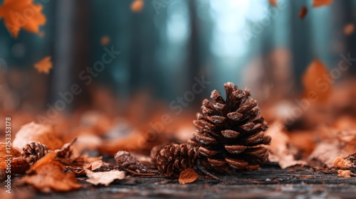 Pinecones scatter among a vibrant array of fallen autumn leaves on the forest floor, capturing the essence of seasonal change and nature’s rhythm in a textured, earthy setting.