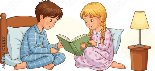 Cartoon Children Reading Book on Bed – Vector Illustration of Cozy Bedtime Story, Sibling Bonding, and Peaceful Nighttime Routine with Lamp