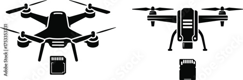 Two black silhouette drones flying with cameras attached