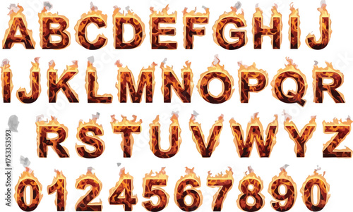 Flaming Alphabet Complete Set A to Z And Numbers 0 to 9 with Fiery Effect on White