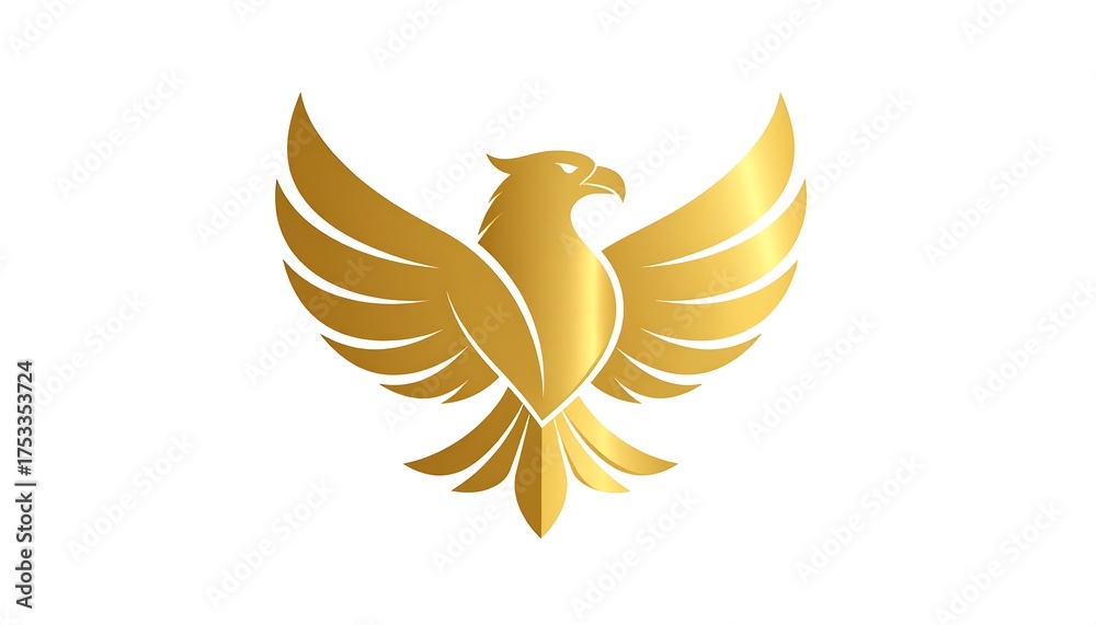 Obraz premium A stylized golden eagle with outstretched wings, rendered in a smooth, gradient design, is set against a stark white backdrop