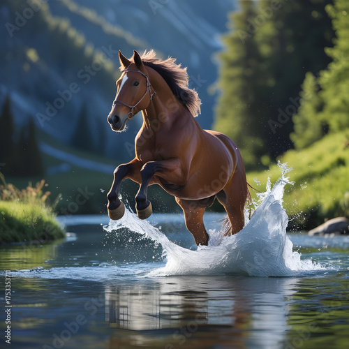 A spirited horse leaps gracefully across a crystal-clear mountain stream, its powerful form suspended midair as splashes of water shimmer in the sunlight.