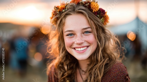 A radiant girl adorned with a beautiful flower crown, smiling warmly at sunset in a picturesque outdoor setting, reflecting nature’s beauty and joy in life’s simple moments.
