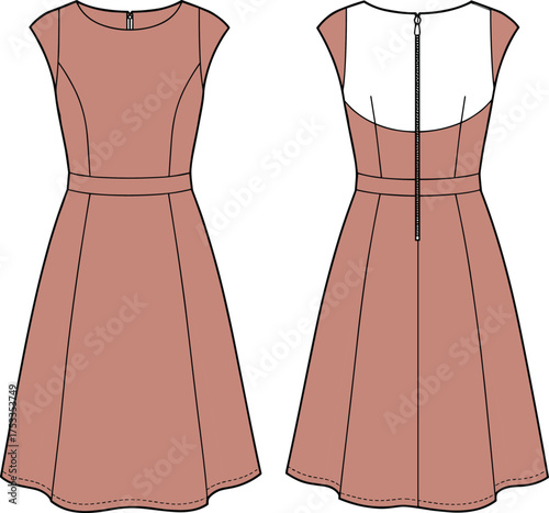 Technical fashion illustration of women’s dress design front and back view, fitted bodice with princess seams, waistband, flared skirt, zipper closure