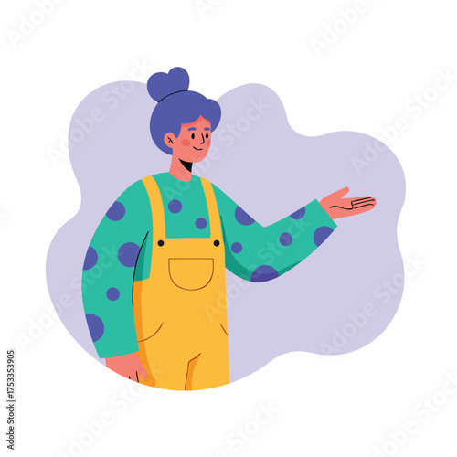 Happy Woman Gesturing with Hand Presenting Explaining Concept
