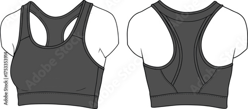 Technical fashion illustration of women’s sports bra front and back view, racerback design with scoop neckline, wide underband, athletic wear template