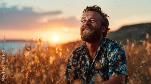 A joyful man basking in the warm glow of a golden sunset, surrounded by tall grass fields, radiating happiness and appreciation for nature's beauty and life's simple pleasures.