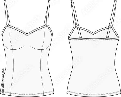Women’s camisole top front and back view, spaghetti straps, sweetheart neckline, fitted seams, fashion apparel garment design technical flat sketch