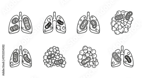 Illustration of eight different lung anatomy variations with healthy and diseased states shown in a line drawing style on a white background.