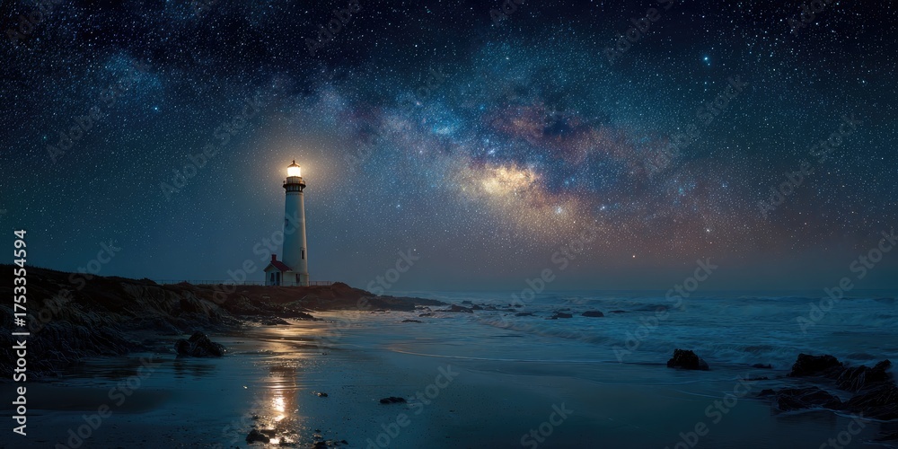 Fototapeta premium A lighthouse bathed in light stands on a rocky coastline, illuminated by the starry Milky Way