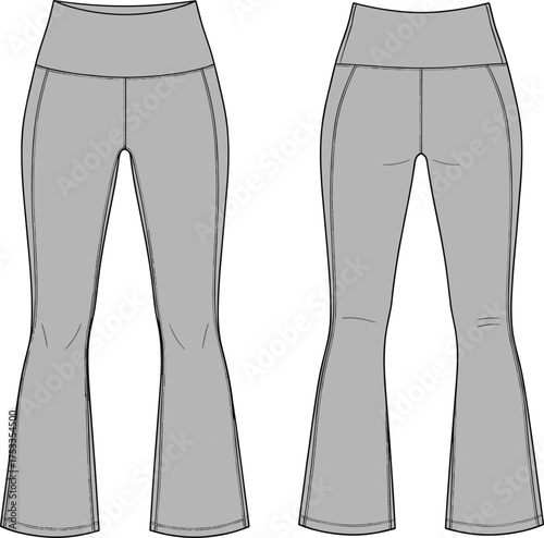 Women’s flared yoga pants front and back view, high waistband, seam details, activewear leggings, fitness apparel fashion technical flat sketch