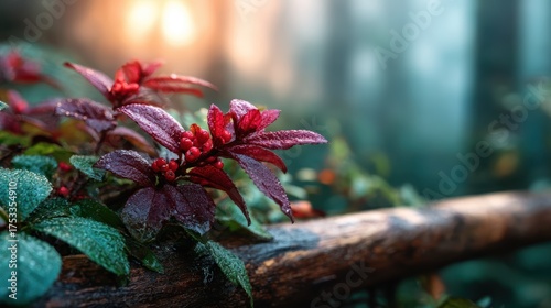 Capturing the vibrant beauty of dewy red leaves contrasting with lush green foliage, this image showcases nature's intricate details and exquisite color palette.
