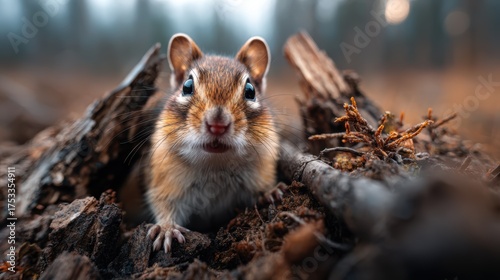 A charming chipmunk peeks out from its burrow, showcasing its adorable features amidst a backdrop of rustic wood and natural elements, evoking a sense of curiosity and nature.