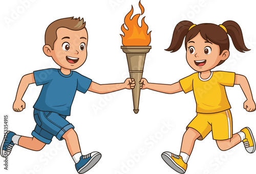 Cartoon Children Passing Flaming Torch – Vector Illustration of Teamwork, Sports Celebration, and Olympic-Themed Relay with Childhood Enthusiasm and Unity