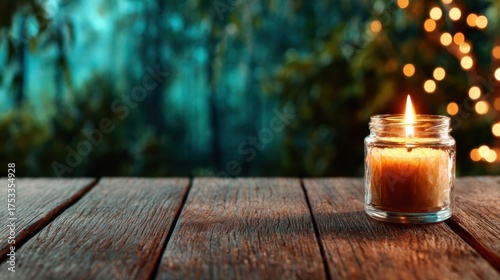 A warm candle flickers in a serene natural setting, creating a peaceful atmosphere that evokes feelings of tranquility and reflection amidst lush greenery.