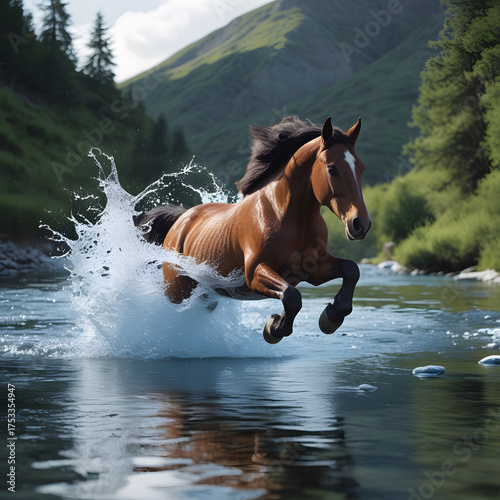 A spirited horse leaps gracefully across a crystal-clear mountain stream, its powerful form suspended midair as splashes of water shimmer in the sunlight.