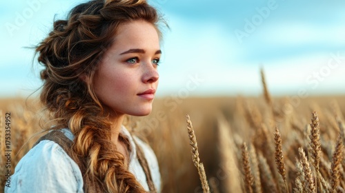 A serene portrait of a young woman with braided hair, gazing thoughtfully into the distance while surrounded by a sprawling golden wheat field under a blue sky.
