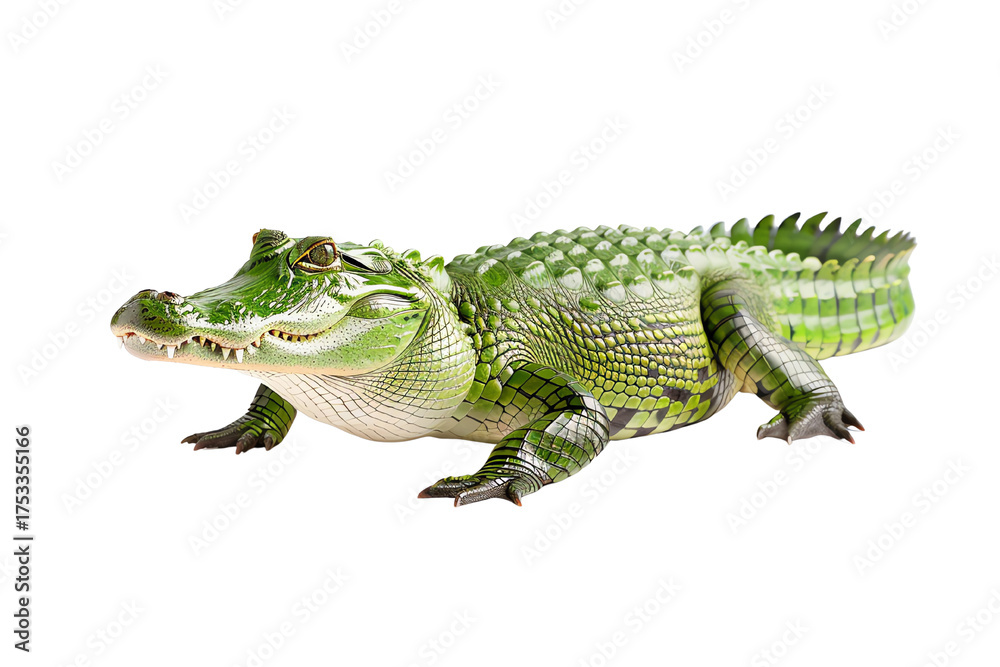 Fototapeta premium A vibrant, green crocodile displaying unique patterns and textures, perfect for wildlife and nature-themed projects.