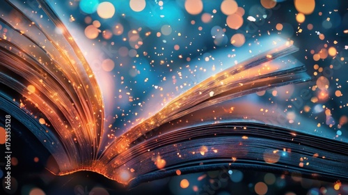 An open book with glowing orange and blue light, surrounded by a blue and orange bokeh background.