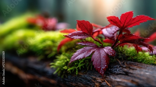 A visually striking scene of red-leafed plants emerging from a moss-covered log, capturing the essence of nature’s vivid colors and the symbiosis of lush environments.