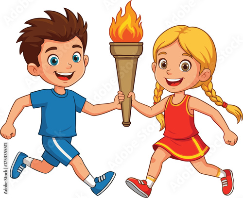 Cartoon Children Running with Torch – Vector Illustration of Teamwork, Sports Celebration, and Olympic-Themed Childhood Enthusiasm and Unity