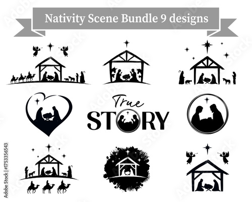 Nativity Scene Bundle 9 designs with silhouettes Christmas story. Digital clip art with Joseph, Mary, Jesus for scrapbooking, printed paper, Christian cards or wall decor. Vector illustration