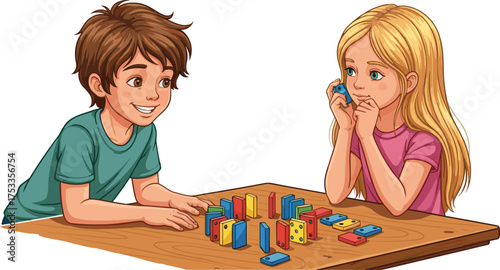 Cartoon Children Playing with Dominoes – Vector Illustration of Strategy, Pattern Recognition, and Fun Indoor Activities for Childhood Learning