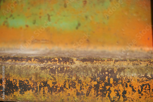 Paint on rusty metal. Rough style, background image. Railway, graffiti.