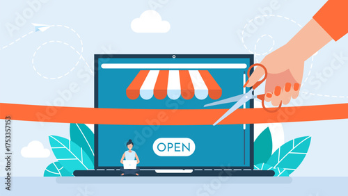 Scissor cuts red ribbon on laptop background. E-shop, new online store. Businesswoman hand uses scissors and cutting ribbon. Grand opening ceremony. Presentation and event. Vector illustration