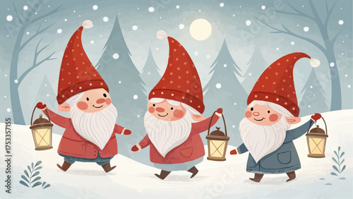 Three gnomes walking through a snowy forest carrying lanterns under the moonlight in winter landscape