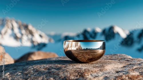 A minimalist silver bowl placed on a rugged rock, reflecting a stunning mountainous landscape under a clear blue sky, symbolizing balance and serenity in nature's beauty.