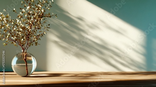 A beautifully arranged plant in a glass vase casts gentle shadows, enhancing the tranquil ambiance of a well-decorated space with its simple yet elegant appearance.