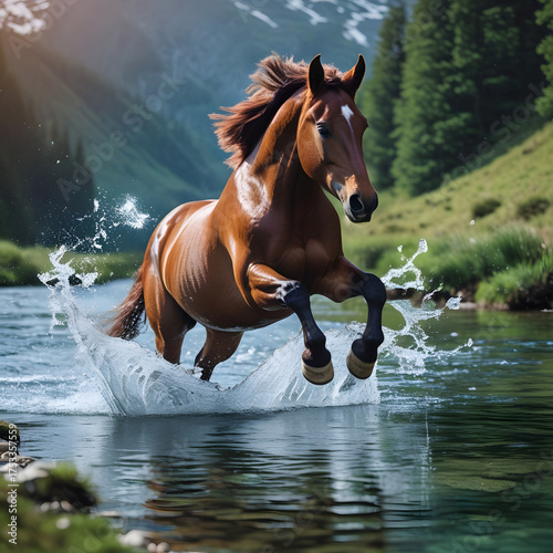 A spirited horse leaps gracefully across a crystal-clear mountain stream, its powerful form suspended midair as splashes of water shimmer in the sunlight.