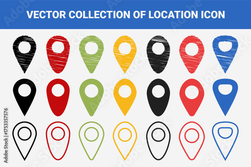 Colorful location icons vector set in various styles for maps and navigation design