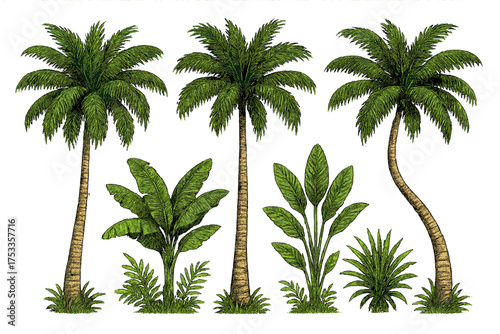 Vintage botanical collection of tropical palm trees and exotic jungle foliage