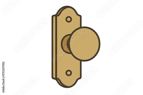 Classic round doorknob with ornate escutcheon plate in golden brass color isolated on white