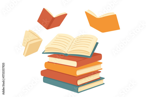 Colorful stack of textbooks and open books floating around symbolizing education and learning