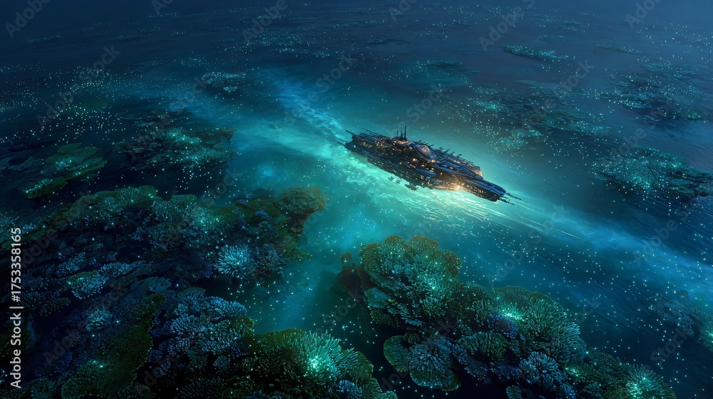 Fototapeta premium Futuristic spaceship gliding through vibrant, glowing underwater coral reefs, exploring an alien ocean world, a stunning visual fantasy