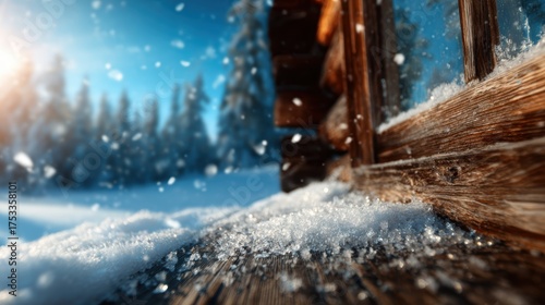A picturesque winter scene with snow gently falling outside a wooden cabin, evoking feelings of warmth and comfort, perfect for those who love winter's serene beauty.