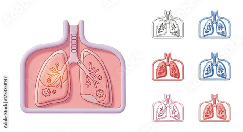 Illustration of a human lung anatomy model with various colored icons on a white background, showcasing respiratory system.