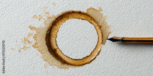A coffee stain shaped as a ring with a golden pen on a textured white paper