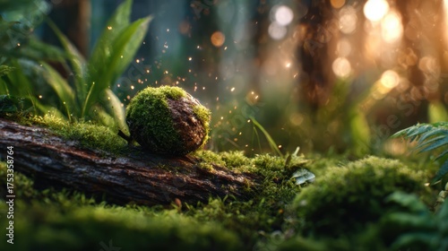 A moss-covered rock surrounded by lush greenery and soft light filtering through the trees, capturing the magic of nature’s beauty and inviting tranquility and wonder.