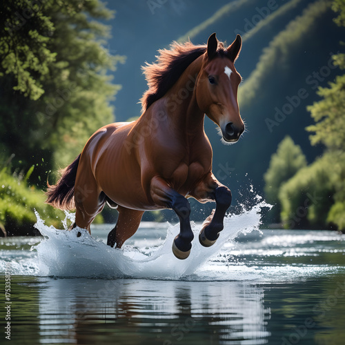 A spirited horse leaps gracefully across a crystal-clear mountain stream, The dynamic composition draws the viewer’s eye toward the perfect harmony between motion and nature, 