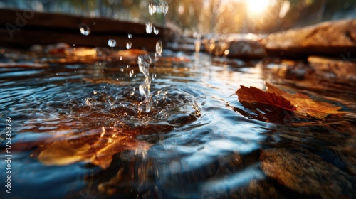 A close-up shot of water droplets splashing onto the surface, surrounded by autumn leaves, captures the tranquil beauty of nature in a picturesque setting.