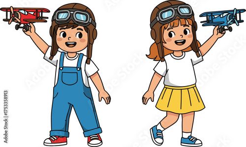 Cartoon Children Holding Toy Biplanes – Vector Illustration of Imaginative Play, Childhood Adventure, and Pretend Pilot Dress-Up with Aviator Hats