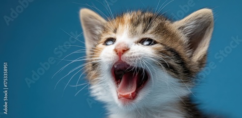 A close-up shot of a small, yawning kitten with a mix of brown, white, and tan fur against blue