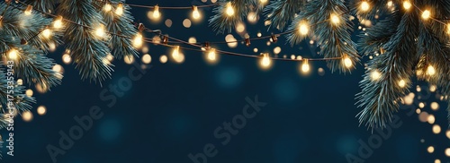 Festive image features illuminated string lights and textured evergreen branches against a dark blue background